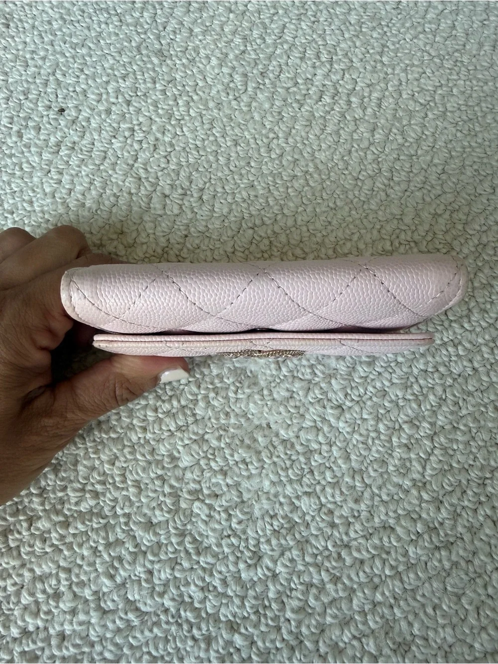 CHANEL Pink Quilted Caviar Crystal CC Logo flap Wallet